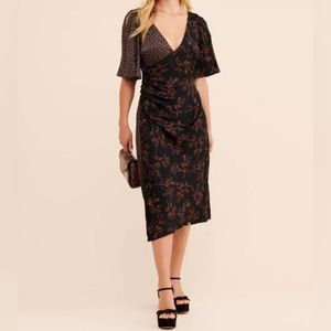 Black Dark Floral Side-Ruched Split Decision Surplice Midi Dress